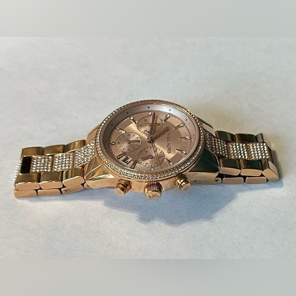 Michael Kors Ritz Pave Rose Gold-Tone Chronograph Watch - Picture 8 of 14